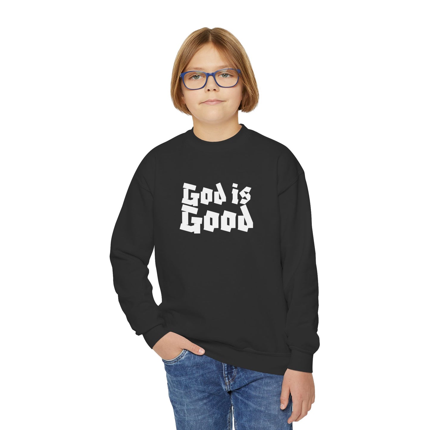 Kids God Is Good SY White on Black Sweatshirt