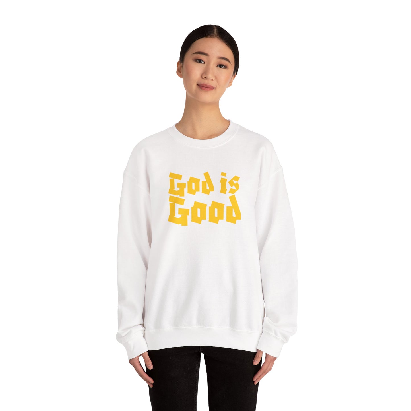 God Is Good SY Gold on White Sweatshirt